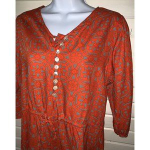 Escapada Living Sz MEDIUM Orange Khaki Medallion Print Popover Tunic Rayon EUC